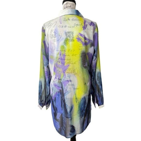 Claire Desjardins Button-Up Tunic Sheer Abstract Top Purple Yellow Womens Size M - Picture 3 of 8